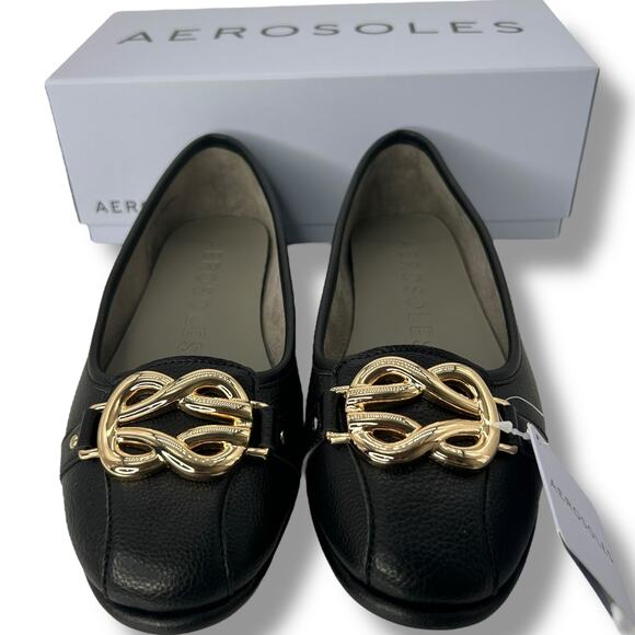 NEW Aerosoles Black Flats Size 9 Gold Toe Embellished Ballet Comfort Work Office - Picture 1 of 11